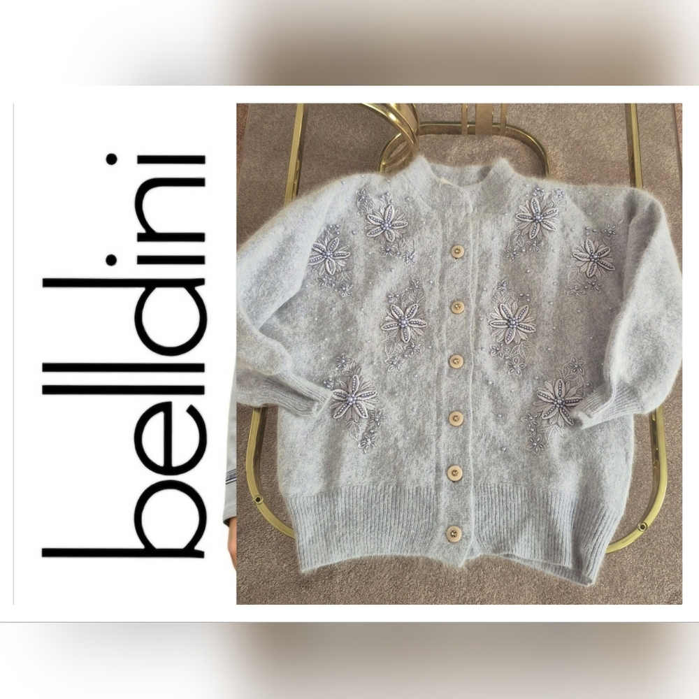 Belldini Vintage Light Gray Angora Floral Embellished Cardigan